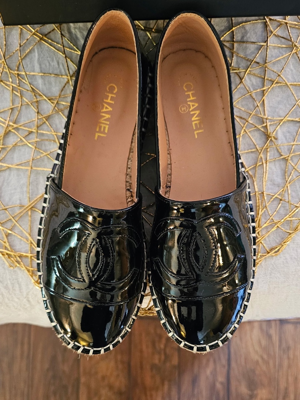 CHANEL Black Patent Leather Espadrille Loafers with Quilted CC